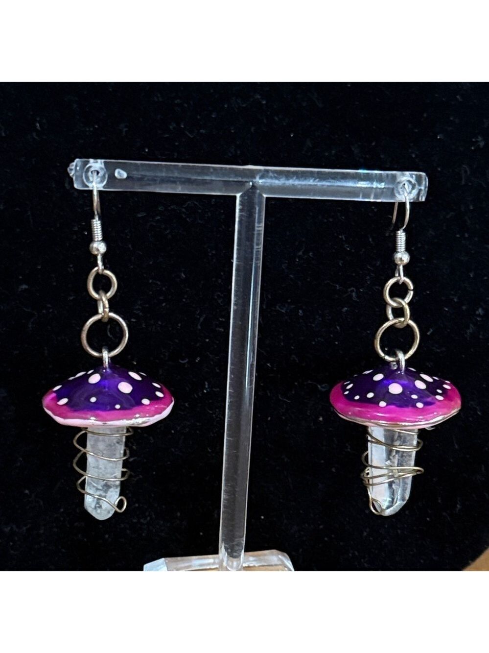 Purple Mushroom Quartz Crystal Dangle Earrings